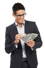 Happiness, money and professional man with finance budget, 401k or investment success, credit cashback or profit. Cash, dollars and rich winner counting wealth isolated on transparent, png background
