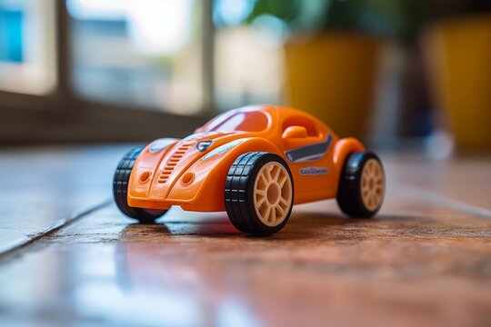 A close up picture of a tiny red race car toy on the parquet in room, generated by AI.