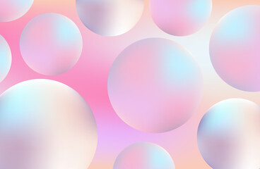 Abstract pink background with 3d spheres. Vector illustration of balls. Holographic fluid circles in pastel colors. Gradient background with organic pink shapes. Futuristic gradient bubble pattern.