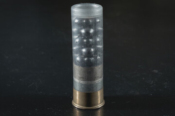 Macro photo of a 12-gauge cartridge with a charge of buckshot, a transparent plastic case.