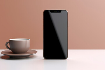 A template of an iphone standing on a table and a cup of coffee with red background, minimalist photography, generated by AI.