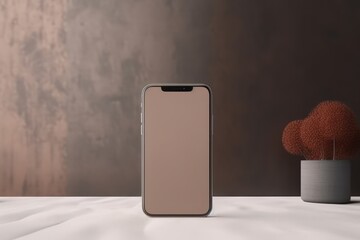 A template of an iphone standing on a table and a minimal plant and vase with red background, minimalist photography, generated by AI.