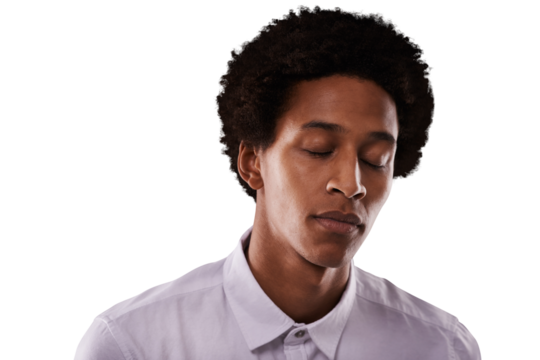 Thinking, black man and closed eyes with peace, business and wellness isolated on a transparent background. African person, guy or model with chakra, wonder and employee with meditation, png and calm