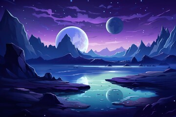 Otherworldly Fantasy landscape with purple tone. Full moon