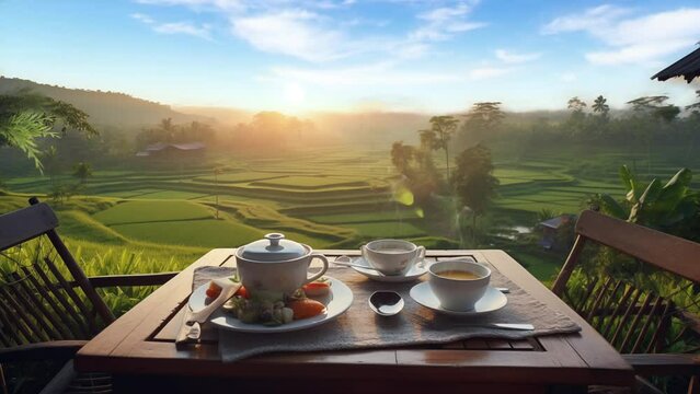 Cup, tea and beveerage on a table with a view of rice fields and grasses in the morning at sunrise. seamless looping virtual video animation background. Generate with AI