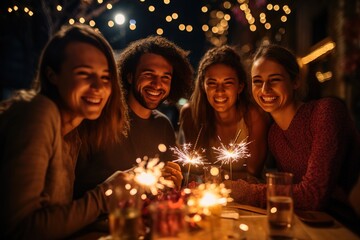 Obraz na płótnie Canvas Joyful holiday: friends have fun with sparklers and capture real moments of happiness