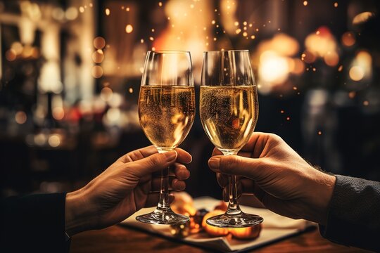 Elegant Celebration with Champagne Toast in a Sophisticated Bar Setting, Perfect for Special Occasions and Festive Gatherings