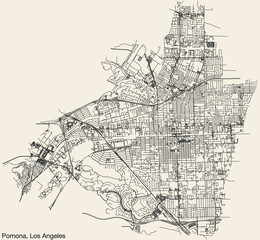 Detailed hand-drawn navigational urban street roads map of the CITY OF POMONA of the American LOS ANGELES CITY COUNCIL, UNITED STATES with vivid road lines and name tag on solid background