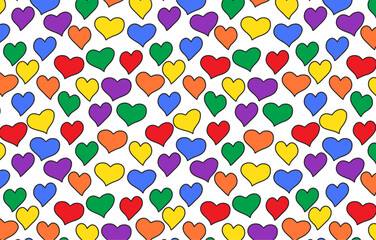 Seamless pattern of rainbow colored hearts with a black stroke. Symbol of love, passion, pride, LGBT