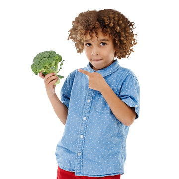Portrait, kid and point at broccoli for diet, health or wellness by suggestion for nutrition. Youth, little boy and afro with facial expression for vegetable on isolated or transparent png background