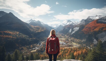 Fearless traveler woman embracing majestic mountain view, immersed in the serene beauty of nature. - obrazy, fototapety, plakaty