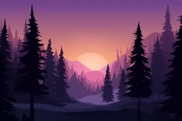 Fototapeten Stunning sunset in the winter forest. Beautiful landscape of a winter forest against the backdrop of mountains and a dark pink, purple sunset with silhouettes of trees. Design for Christmas. © LoveSan