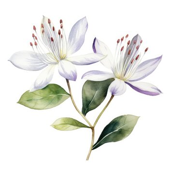 Watercolor Illustration of Delicate Caper Flowers Isolated on White Background