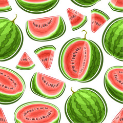 Vector Watermelon Seamless Pattern, decorative repeating background with chopped ripe watermelons, square poster with flying flat lay sweet watermelon fruit parts on white background for home interior