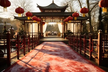 Chinese new year temple entrance adorned with lanterns and banners, inviting visitors to celebrate