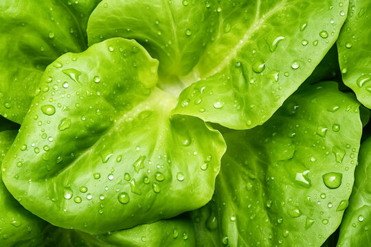 Top view image fresh green lettuce leaves with water drops over them, close up macro detail banner.