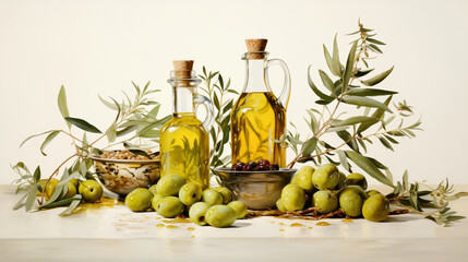 Olive and olive oil on white background