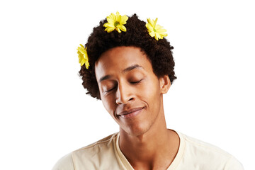 Man, eyes closed and smile with flowers in hair for natural, fragrance and organic treatment. Black...