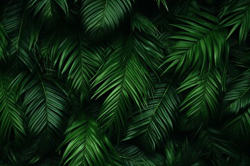 Serene and vibrant lush green tropical forest leaves as a background in low light style