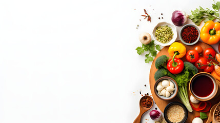 Various organic vegetables ingredients and empty iron cooking pot, wooden bowls, spoons on wooden background. Top view, copy space. Organic vegetables ingredients for vegan cooking. Cl. Generative AI. - obrazy, fototapety, plakaty