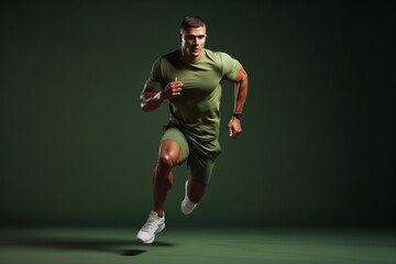 Athlete performing running and strength training exercises in a studio on solid color background