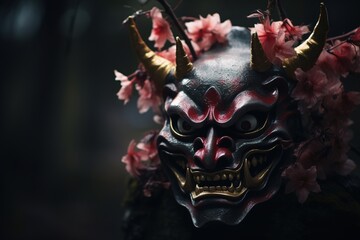 Hannya mask, conceptual photography, bokeh, close up, dark enviroment.