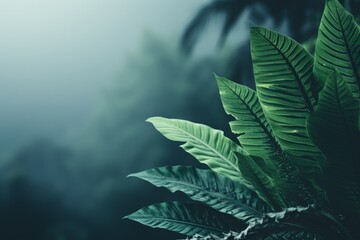 Captivating and serene lush green tropical forest with vibrant leaves in low light background