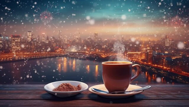 coffe or tea with beverage on a table with a view beautiful sky, firework and river. seamless looping virtual video animation background