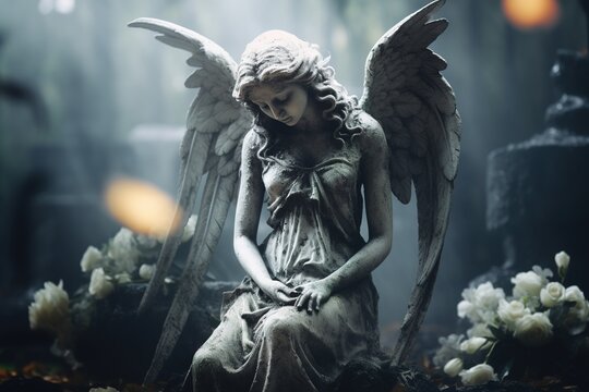 Image with background and place for caption and fragment of tragic sad angel statue at the cemetery. Funeral ceremony.