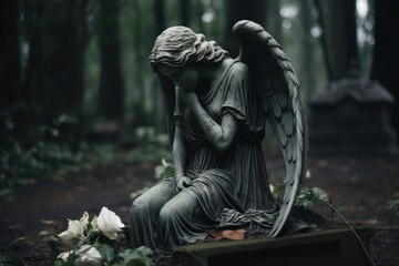 Image with background and place for caption and fragment of tragic sad angel statue at the...