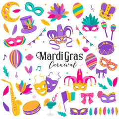 Mardi Gras traditional symbols collection. Decorative elements for Mardi Gras, Venetian festival. Carnival masks, party decorations, feathers. Flat vector illustrations isolated on a white background
