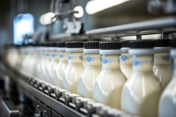 Automated process of filling milk or yogurt into plastic bottles at a state of the art dairy plant