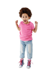 Happy, jumping and portrait of young girl for crazy, goofy and playing for fun celebration. Smile, youth and cute child or kid with playful energy together isolated by transparent png background.