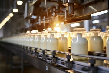 Fototapeta na wymiar Automated process of filling milk and yogurt into glass bottles at a modern dairy plant