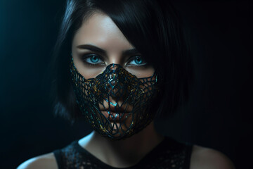 Beauty, fashion and make-up concept. Beautiful woman portrait in dark studio background. Model wearing surreal and futuristic looking fancy mask on her face