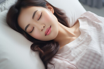 Asian woman sleeping well on white pillow in bed