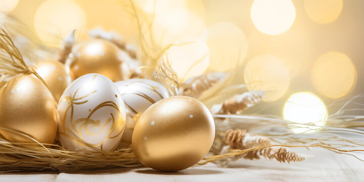 Festive banner with golden Easter eggs.