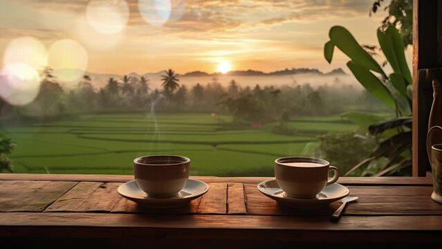 Cup and tea on a table with a view of rice fields and grasses in the morning at sunrise. seamless looping virtual video animation background. Generate with AI