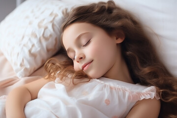 Obraz na płótnie Canvas Brunette little girl sleeping well on white pillow in bed