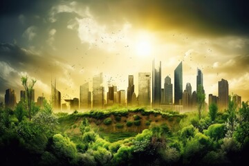 Ecological green footprint, recycling, cityscape, sustainability goals, environmental, clean energy, stewardship, transportation, architecture, green technology, eco-system, smart city, green Skyline