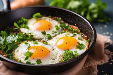 Delicious breakfast concept top view of a sizzling pan with one perfectly fried egg and crispy bacon