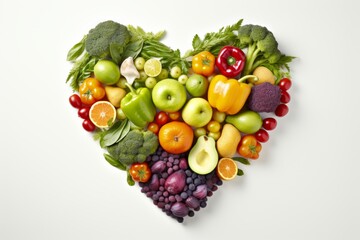 Heart shaped fruits and vegetables arrangement isolated on white background   top view