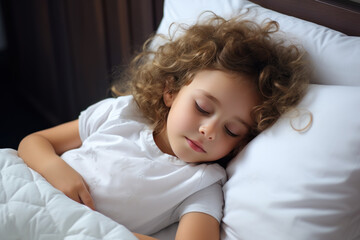 A toddler sleeps well on white pillow in bed