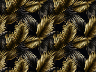 Golden Palm Leaves in Art Deco Style on Black Background, Vintage Gold Palm Leaves Relief Tile