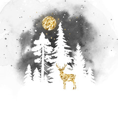 Vector silhouette of deer, moon and coniferous forest. Watercolor vector landscape with animal under night sky. Christmas template in gray and golden colors with place for text