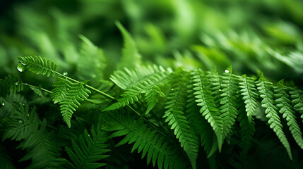A close up of intricate fern fronds, displaying their delicate leaflets and complex, lacy patterns, Green fern leaves with water drops close up

