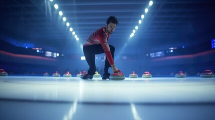 A man engaged in a fast-paced game of curling photo realistic illustration - Generative AI.
