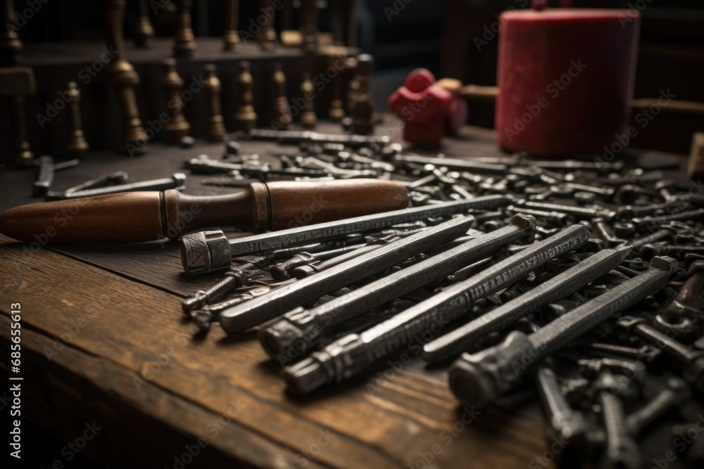 Poster a collection of various tools neatly arranged on top of a wooden table. perfect for diy projects and