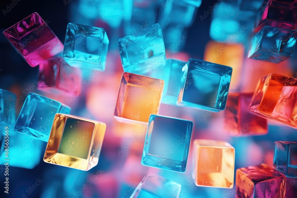 Poster a stunning image capturing a bunch of ice cubes floating in mid-air. perfect for adding a touch of e