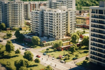 Obraz premium A model of a city with a collection of towering buildings. This image can be used to depict urban development, city planning, architecture, or the concept of a bustling metropolis